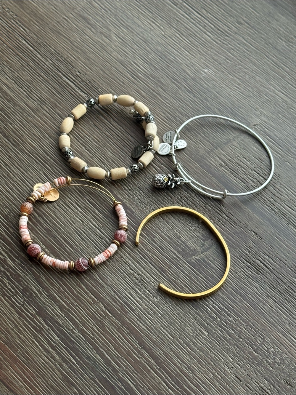 Alex and Ani Pink, Beige, Gold, Silver Bracelet Stack